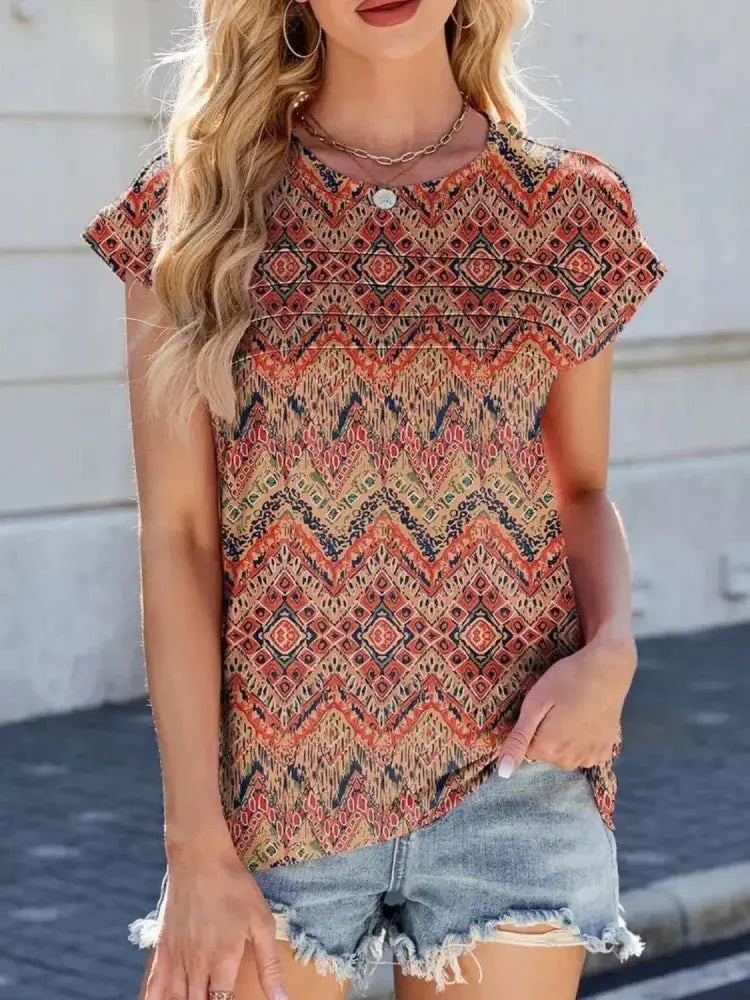 Printed Round Neck Cap Sleeve Top - Update AvenueT-ShirtsTrendsi100100726276272100100726276272b769e537 - fd27 - 48c5 - 82f7 - a0d994610fed - Max - OriginTerracotta