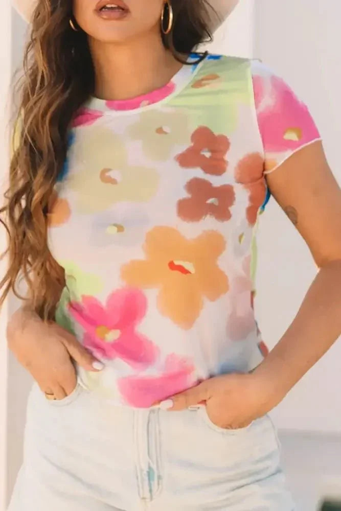 Printed Round Neck Short Sleeve Blouse - Update AvenueTrendsi100100101442871100100101442871a57c5359 - 0bbc - 4010 - 8427 - 9098efad0784 - MaxFloral