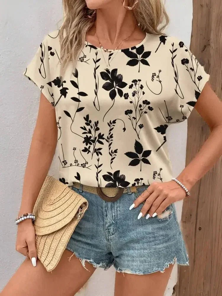 Printed Round Neck Short Sleeve Blouse - Update AvenueT-ShirtsTrendsi1001007024424071001007024424073a3bba1b491a4e289124c4a959043f87 - Max - OriginApricot