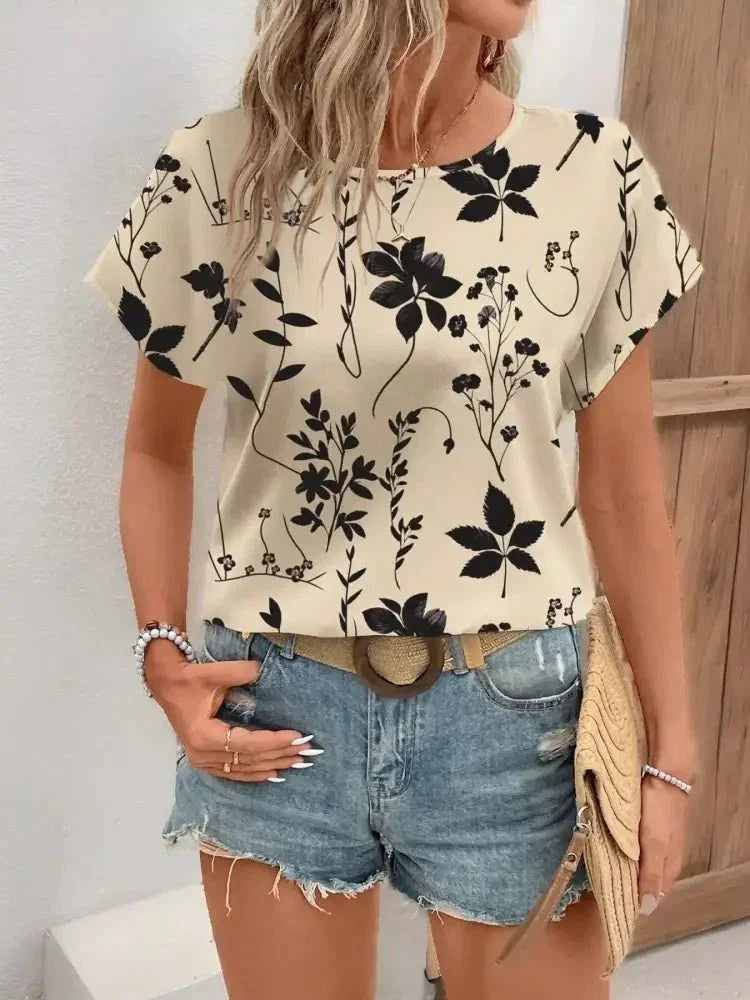 Printed Round Neck Short Sleeve Blouse - Update AvenueT-ShirtsTrendsi10010070244240710010070244240719cb904e821b470884d6d7ee65e4800b - Max - OriginApricot