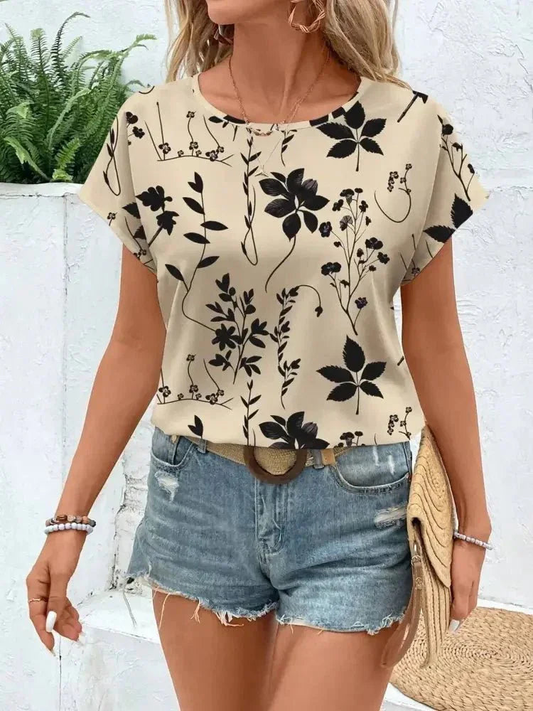 Printed Round Neck Short Sleeve Blouse - Update AvenueT-ShirtsTrendsi1001007024424071001007024424075cd821882e3a4c2aa16856458fbcf2a9 - Max - OriginApricot