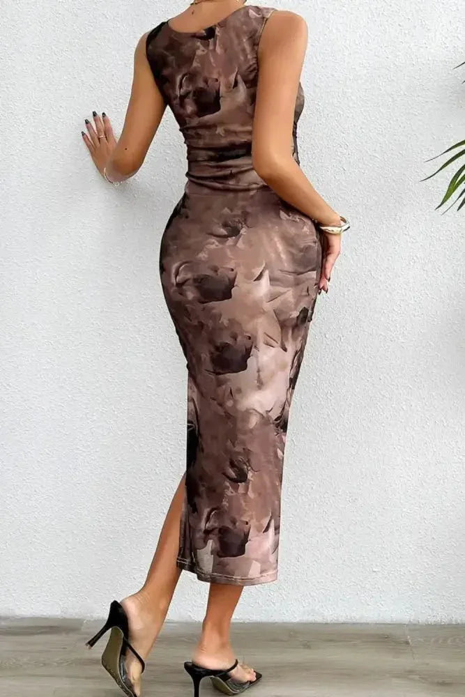Printed Ruched Slit Sleeveless Midi Dress - Update AvenueFestival VibesTrendsi1001003697729331001003697729334677f001 - fb14 - 4f1d - bb61 - 733b106dc5b3 - MaxBrown