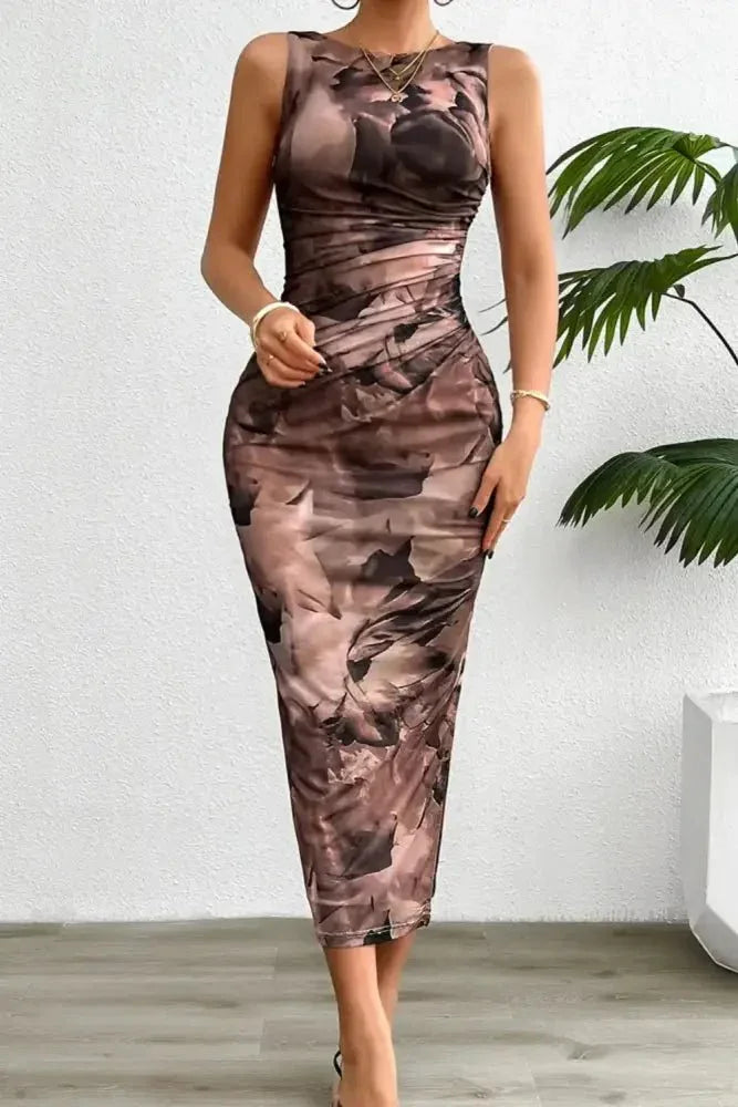 Printed Ruched Slit Sleeveless Midi Dress - Update AvenueFestival VibesTrendsi1001003697729331001003697729333331292c - a546 - 4357 - 9d36 - 8520881eabd6 - MaxBrown