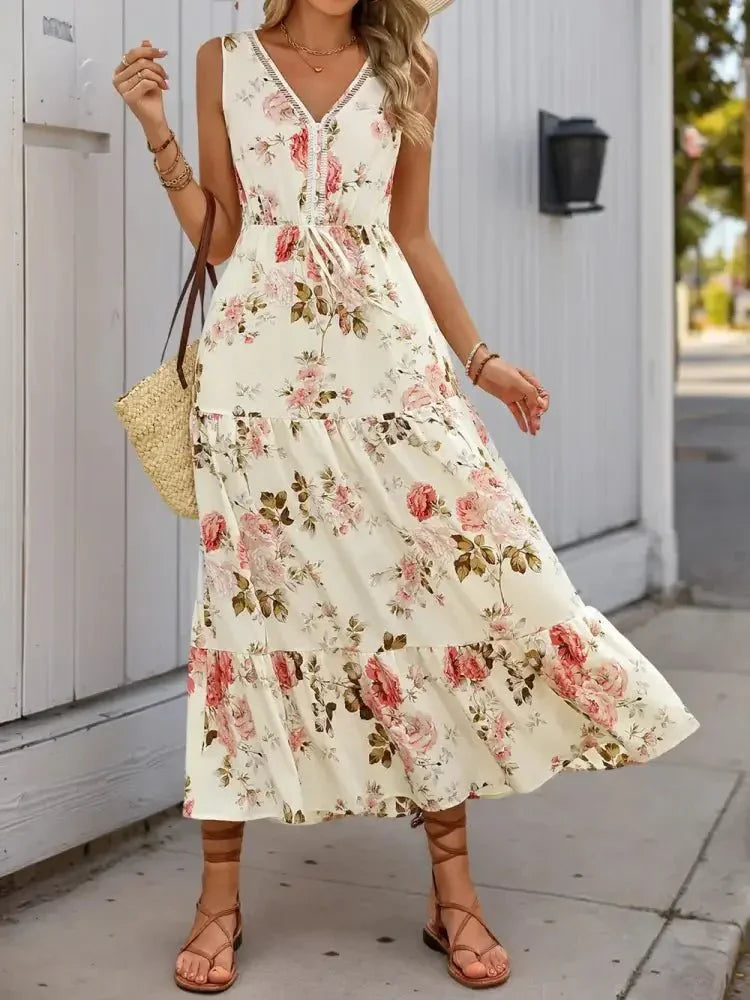 Printed Ruffled Hem V - Neck Sleeveless Dress - Update AvenueEffortless Elegance: DressesTrendsi1001001821117481001001821117483a6246fa - f48c - 46ef - 9d80 - 7ad81f15e692 - MaxCream