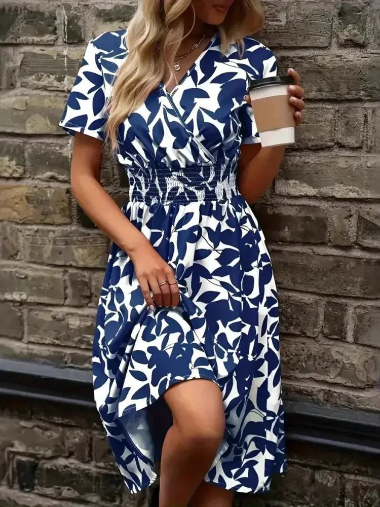 Printed Smocked Surplice Short Sleeve Dress - Update AvenueEffortless Elegance: DressesTrendsi1001004087546201001004087546209f46fde2 - 9b05 - 4d7c - 917e - 54de7c727e45 - MaxPeacock Blue