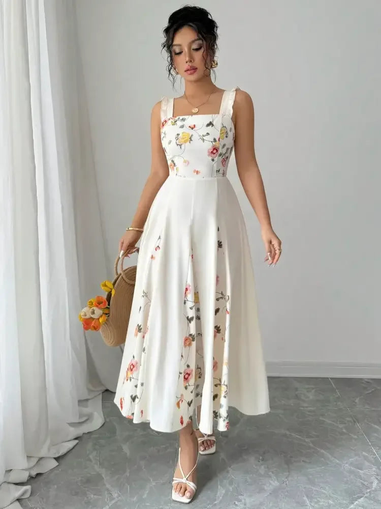 Printed Square Neck Midi Dress