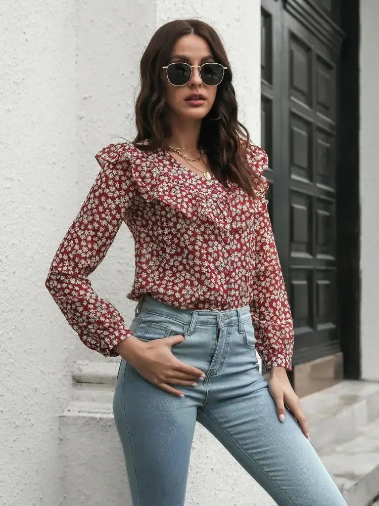 Printed Statement Collar Long Sleeve Blouse - Update AvenueTrendsi100101681033630100101681033630aa7f13794cda4359b3a46e1127173129 - MaxDeep Red