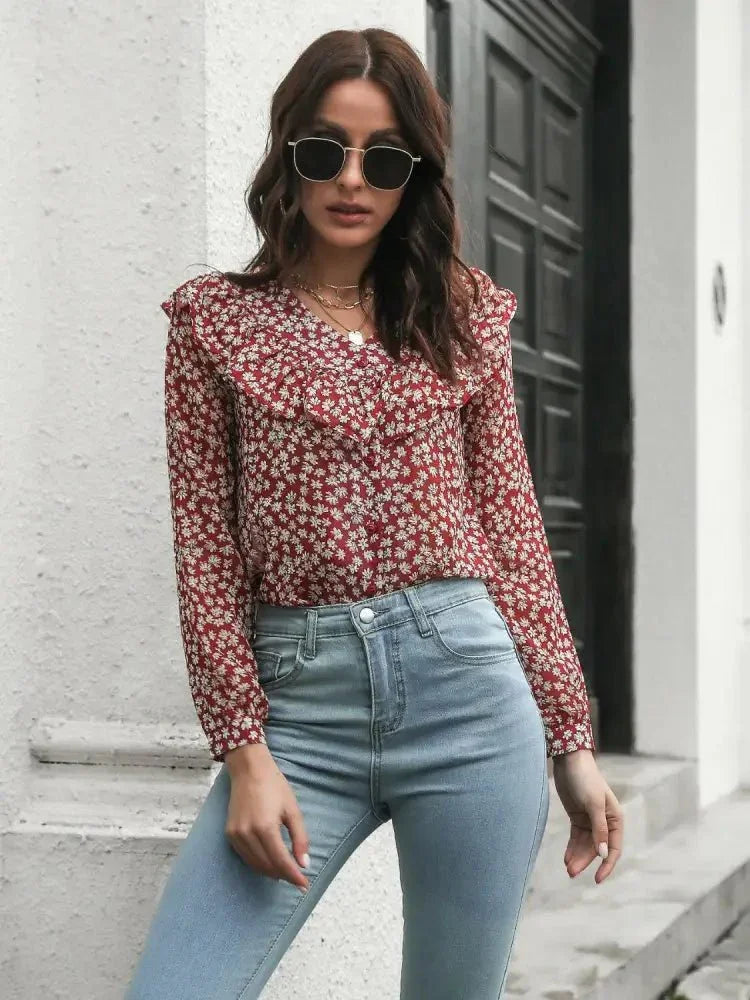 Printed Statement Collar Long Sleeve Blouse - Update AvenueTrendsi1001016810336301001016810336300f605c55cc564c329d2eb28360bd0b3a - MaxDeep Red
