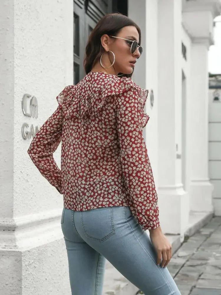 Printed Statement Collar Long Sleeve Blouse - Update AvenueTrendsi100101681033630100101681033630d56243ecadf04d0f854448dfe16106bc - MaxDeep Red