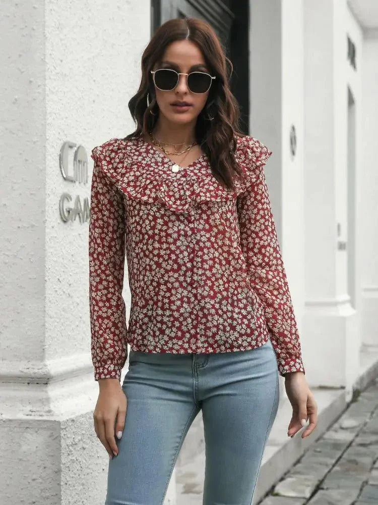 Printed Statement Collar Long Sleeve Blouse - Update AvenueTrendsi1001016810336301001016810336308873eb52d5e245a8b875787b933913ad - MaxDeep Red
