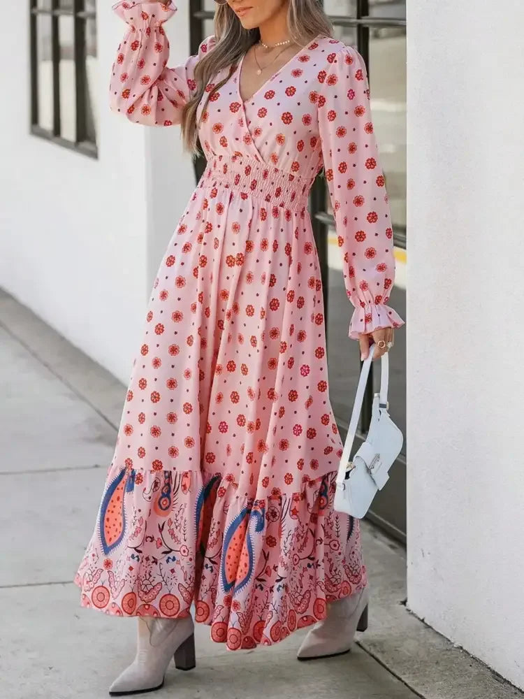 Printed Surplice Flounce Sleeve Maxi Dress