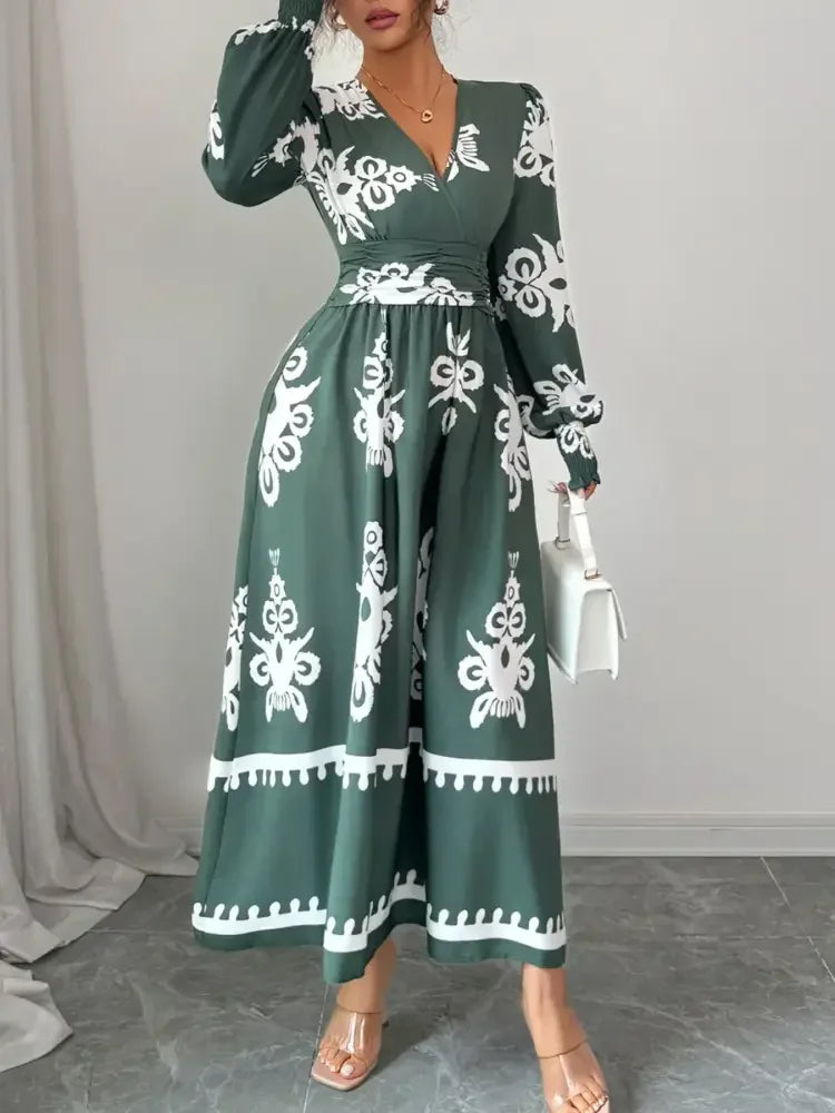 Printed Surplice Lantern Sleeve Dress