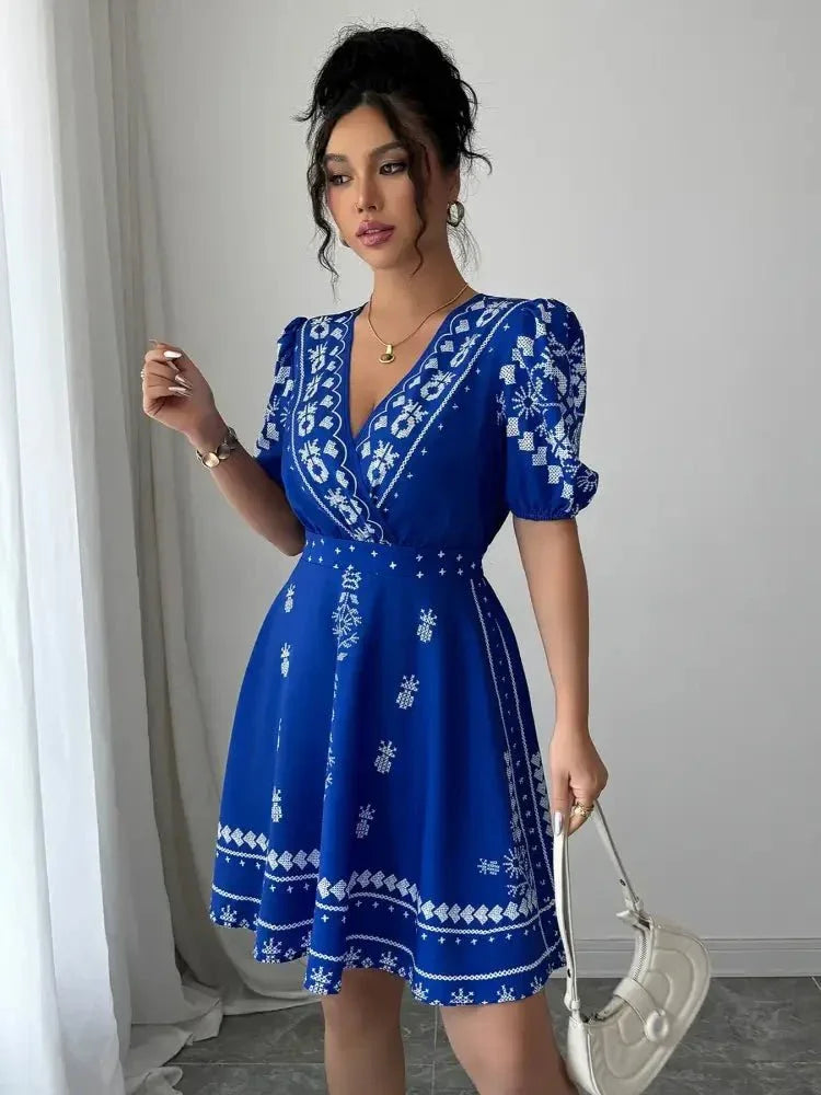 Printed Surplice Puff Sleeve Mini Dress - Update AvenueCasual DressesTrendsi100100519521311100100519521311Printed Surplice Puff Sleeve Mini DressRoyal Blue