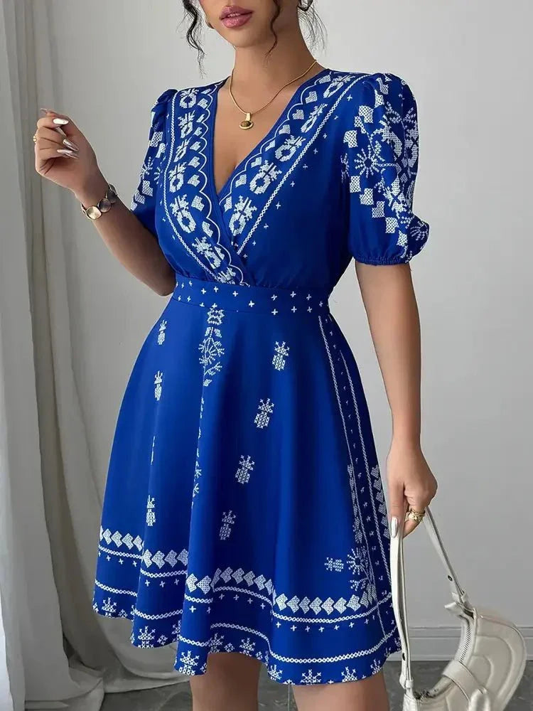 Printed Surplice Puff Sleeve Mini Dress - Update AvenueCasual DressesTrendsi100100519521311100100519521311Printed Surplice Puff Sleeve Mini DressRoyal Blue