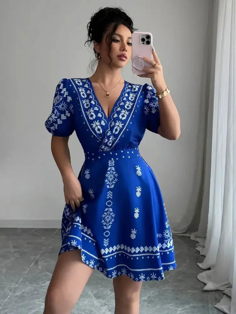 Printed Surplice Puff Sleeve Mini Dress - Update AvenueCasual DressesTrendsi100100519521311100100519521311Printed Surplice Puff Sleeve Mini DressRoyal Blue