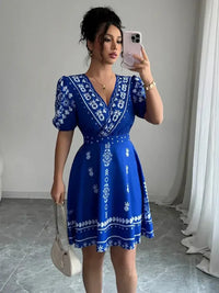 Printed Surplice Puff Sleeve Mini Dress - Update AvenueCasual DressesTrendsi100100519521311100100519521311Printed Surplice Puff Sleeve Mini DressRoyal Blue