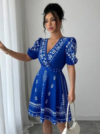 Printed Surplice Puff Sleeve Mini Dress - Update AvenueCasual DressesTrendsi100100519521311100100519521311Printed Surplice Puff Sleeve Mini DressRoyal Blue