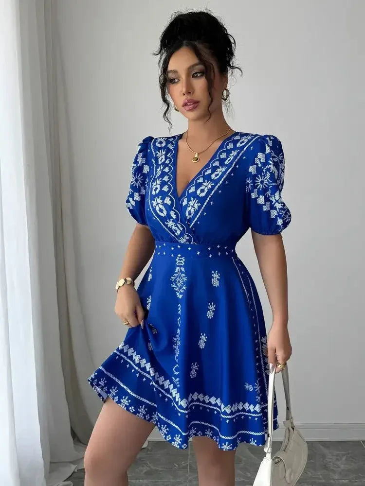 Printed Surplice Puff Sleeve Mini Dress - Update AvenueCasual DressesTrendsi100100519521311100100519521311Printed Surplice Puff Sleeve Mini DressRoyal Blue