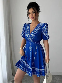 Printed Surplice Puff Sleeve Mini Dress - Update AvenueCasual DressesTrendsi100100519521311100100519521311Printed Surplice Puff Sleeve Mini DressRoyal Blue
