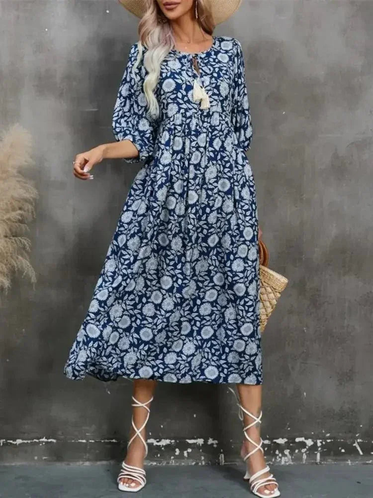 Printed Tie Neck Midi Dress - Update AvenueTrendsi100100339500138100100339500138cd34cc1e037044b0bab953f34e395705 - Max - OriginNavy