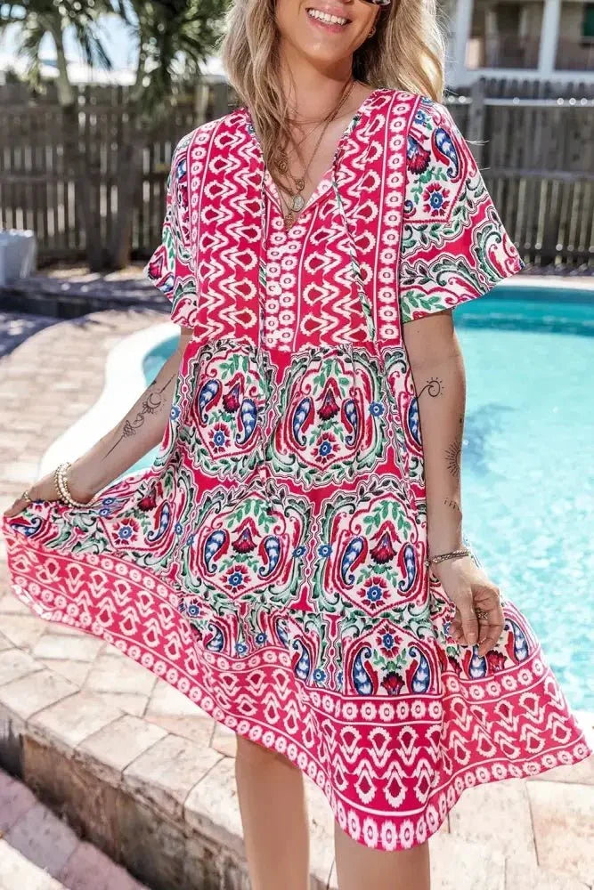 Printed Tie Neck Short Sleeve Dress - Update AvenueBoho VibesTrendsi10010047371291410010047371291484999b90 - b3ca - 441d - 90b8 - bdf95caed989 - MaxFloral