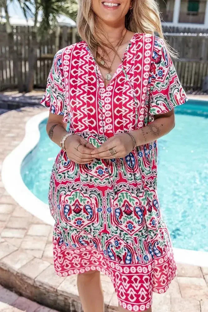 Printed Tie Neck Short Sleeve Dress - Update AvenueBoho VibesTrendsi10010047371291410010047371291447d44f41 - ba6c - 421e - a308 - 5261150b98be - MaxFloral