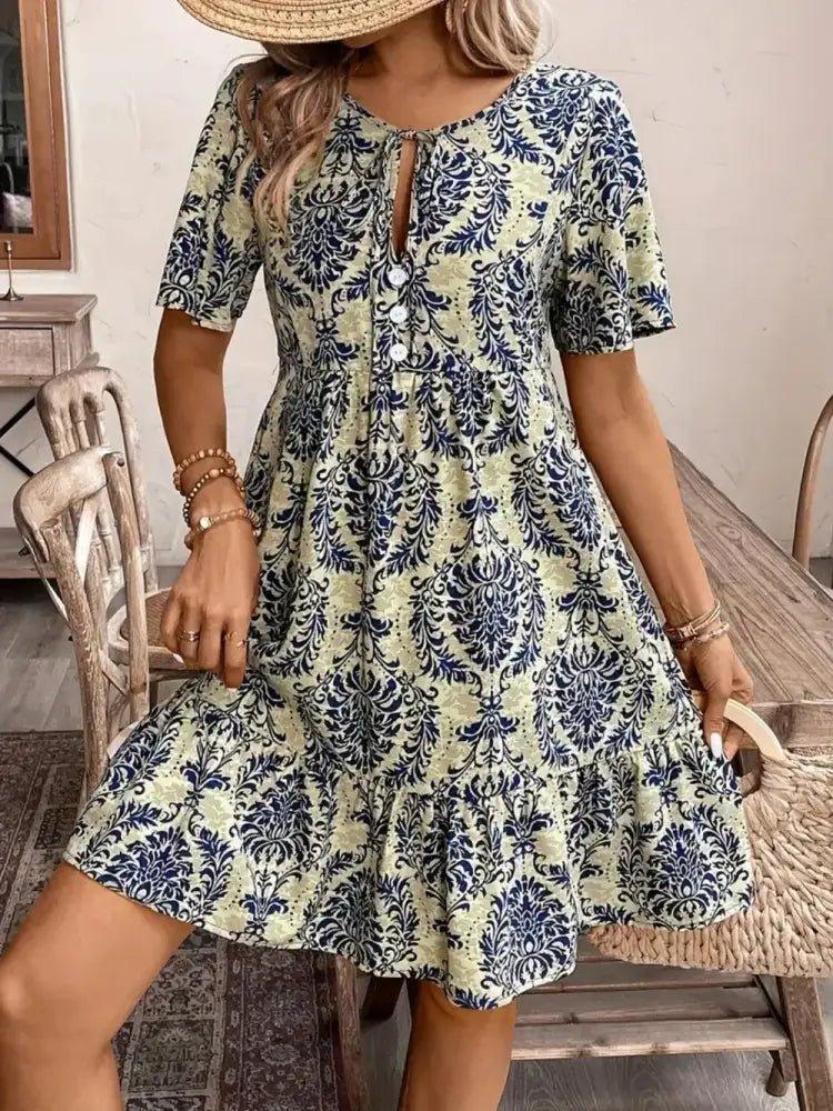 Printed Tie Neck Short Sleeve Dress - Update AvenueBoho VibesTrendsi1001004764511361001004764511365739407a - 1284 - 4bc7 - bebc - 490f6a12a4ac - MaxBeige