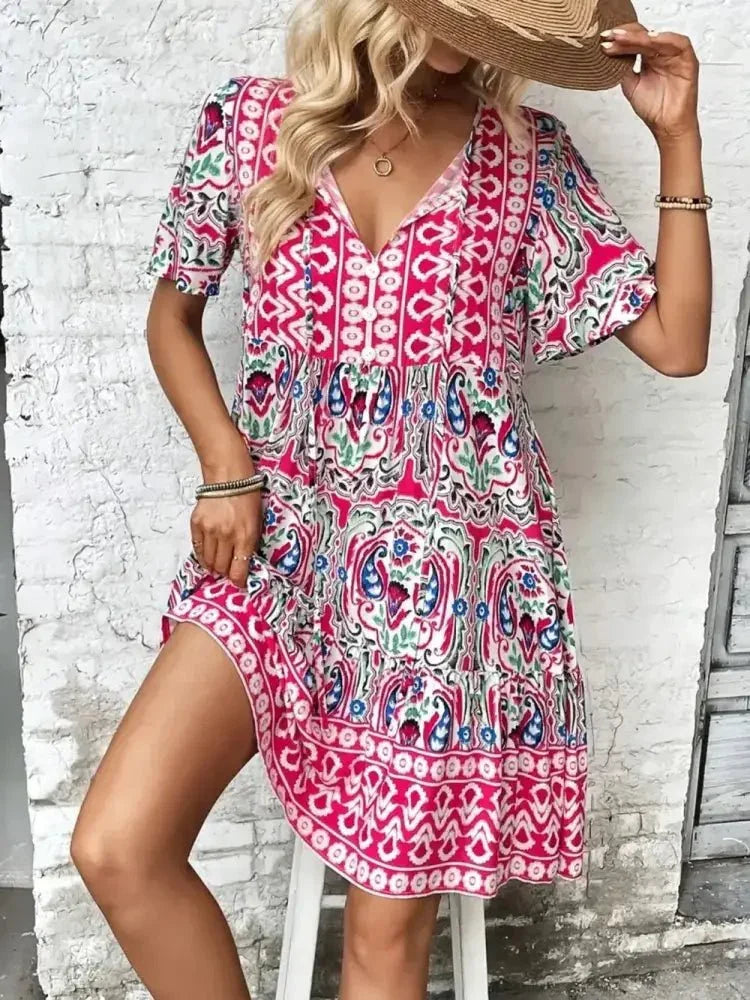 Printed Tie Neck Short Sleeve Dress - Update AvenueBoho VibesTrendsi1001004764515661001004764515663ef9adbf - e199 - 43ee - 8a39 - e14354777bd5 - MaxPink