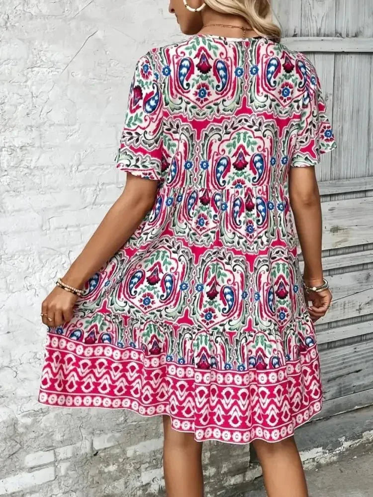 Printed Tie Neck Short Sleeve Dress - Update AvenueBoho VibesTrendsi1001004764515661001004764515663eb9cf01 - 6806 - 42f7 - 9501 - 728942a7e920 - MaxPink