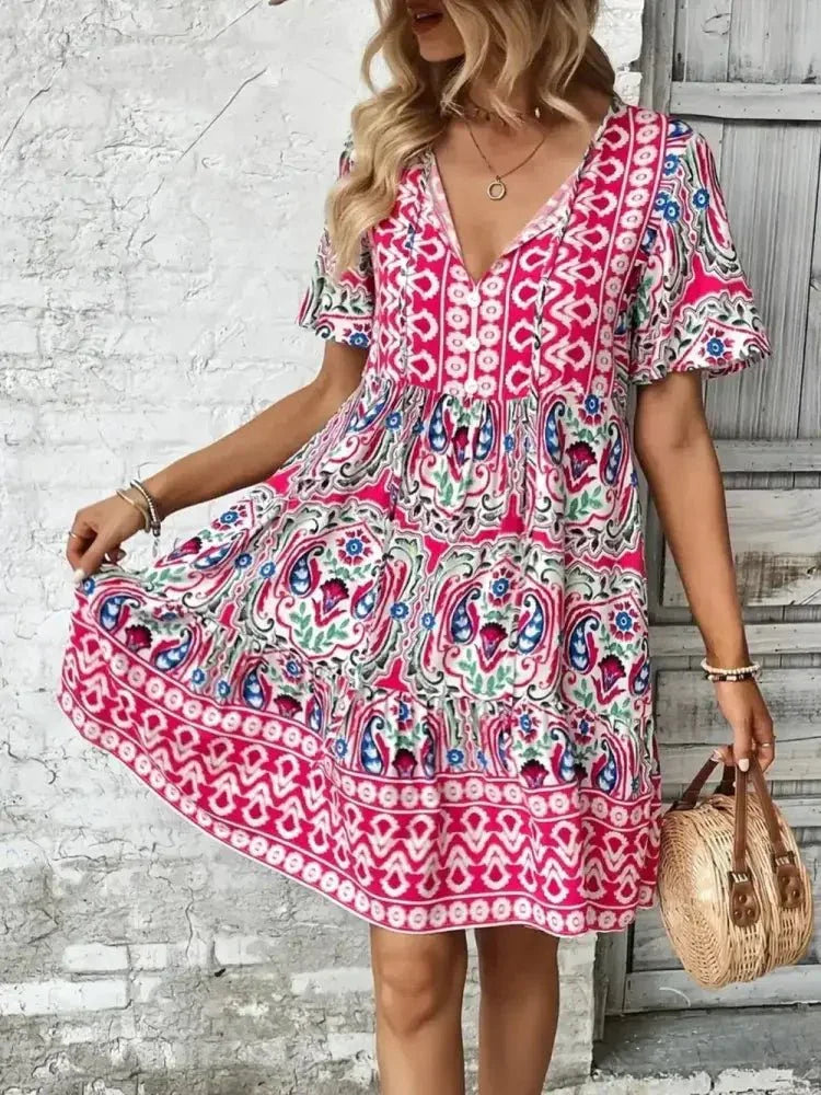 Printed Tie Neck Short Sleeve Dress - Update AvenueBoho VibesTrendsi100100476451566100100476451566cda85c93 - 86bc - 4dc1 - b021 - 85bd75a92cd4 - MaxPink