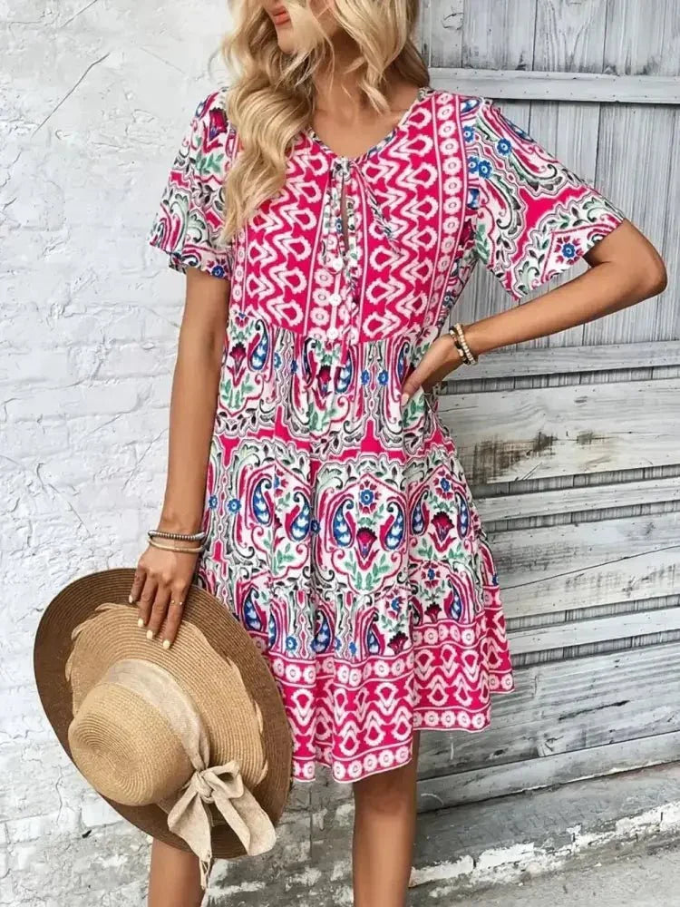 Printed Tie Neck Short Sleeve Dress - Update AvenueBoho VibesTrendsi100100476451566100100476451566a77b3c04 - 1178 - 405e - ae4a - c8750882d05d - MaxPink