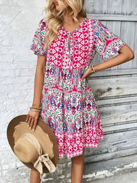 Printed Tie Neck Short Sleeve Dress - Update AvenueBoho VibesTrendsi100100476451566100100476451566a77b3c04 - 1178 - 405e - ae4a - c8750882d05d - MaxPink