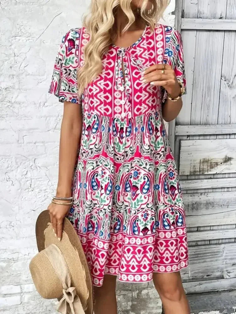 Printed Tie Neck Short Sleeve Dress - Update AvenueBoho VibesTrendsi100100476451566100100476451566a973b893 - f3e4 - 4026 - ac6d - b61500cfa8b3 - MaxPink