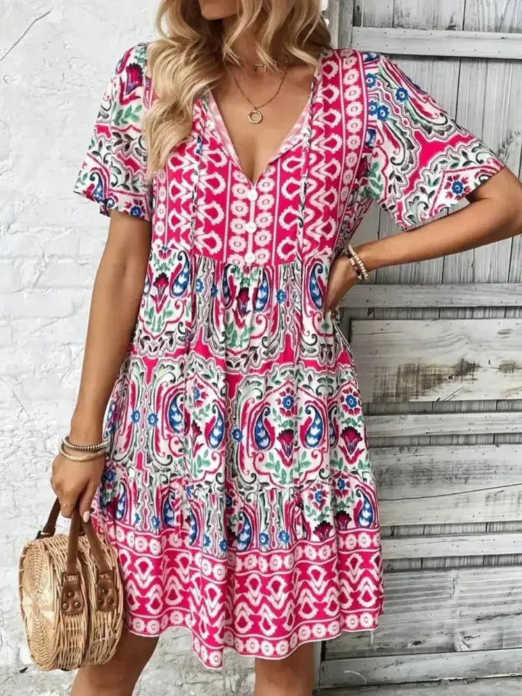 Printed Tie Neck Short Sleeve Dress - Update AvenueBoho VibesTrendsi1001004764515661001004764515667cf5c36d - ab59 - 49b8 - b18c - 9677a03c73a2 - MaxPink