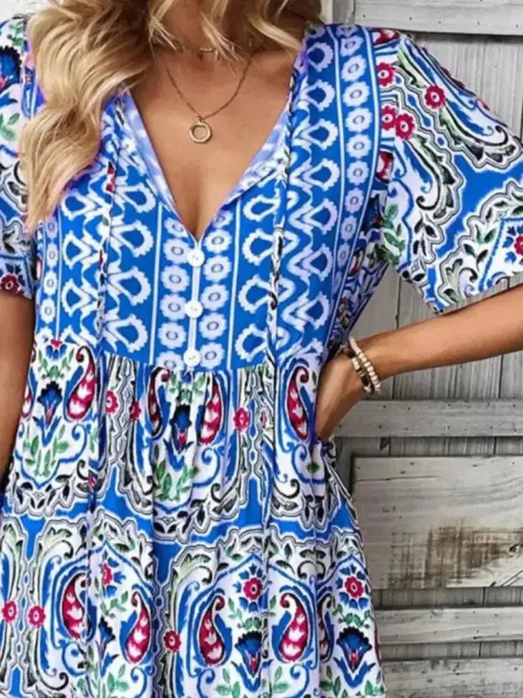 Printed Tie Neck Short Sleeve Dress - Update AvenueBoho VibesTrendsi100100476451628100100476451628e69608b6 - 273b - 4a47 - 80dd - be1c54599049 - MaxBlue