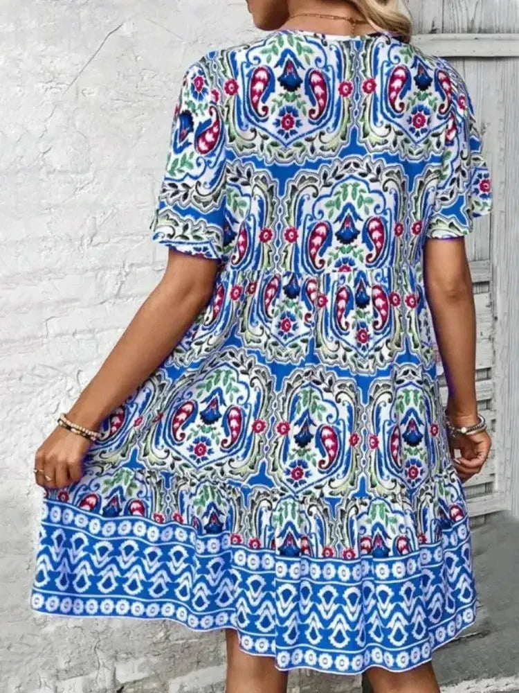 Printed Tie Neck Short Sleeve Dress - Update AvenueBoho VibesTrendsi100100476451628100100476451628ee9086b1 - 4d5d - 4fed - a885 - 9ff8d208e138 - MaxBlue