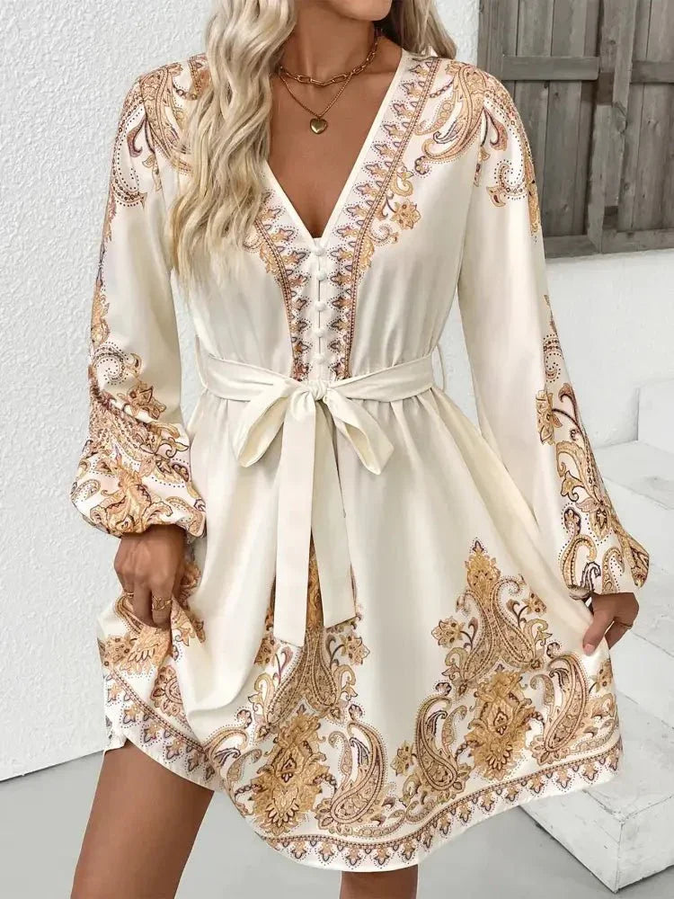 Printed Tie Waist Long Sleeve Dress - Update AvenueCasual DressesTrendsi100100260361446100100260361446Printed Tie Waist Long Sleeve DressBeige