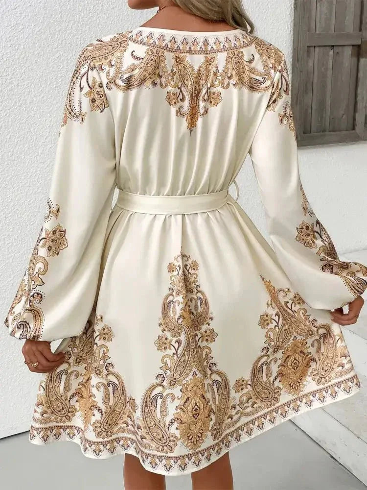 Printed Tie Waist Long Sleeve Dress - Update AvenueCasual DressesTrendsi100100260361446100100260361446Printed Tie Waist Long Sleeve DressBeige
