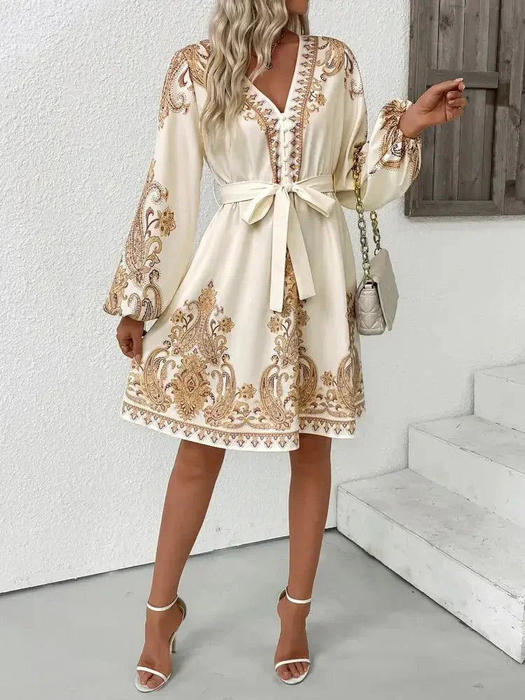 Printed Tie Waist Long Sleeve Dress - Update AvenueCasual DressesTrendsi100100260361446100100260361446Printed Tie Waist Long Sleeve DressBeige