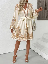 Printed Tie Waist Long Sleeve Dress - Update AvenueCasual DressesTrendsi100100260361446100100260361446Printed Tie Waist Long Sleeve DressBeige