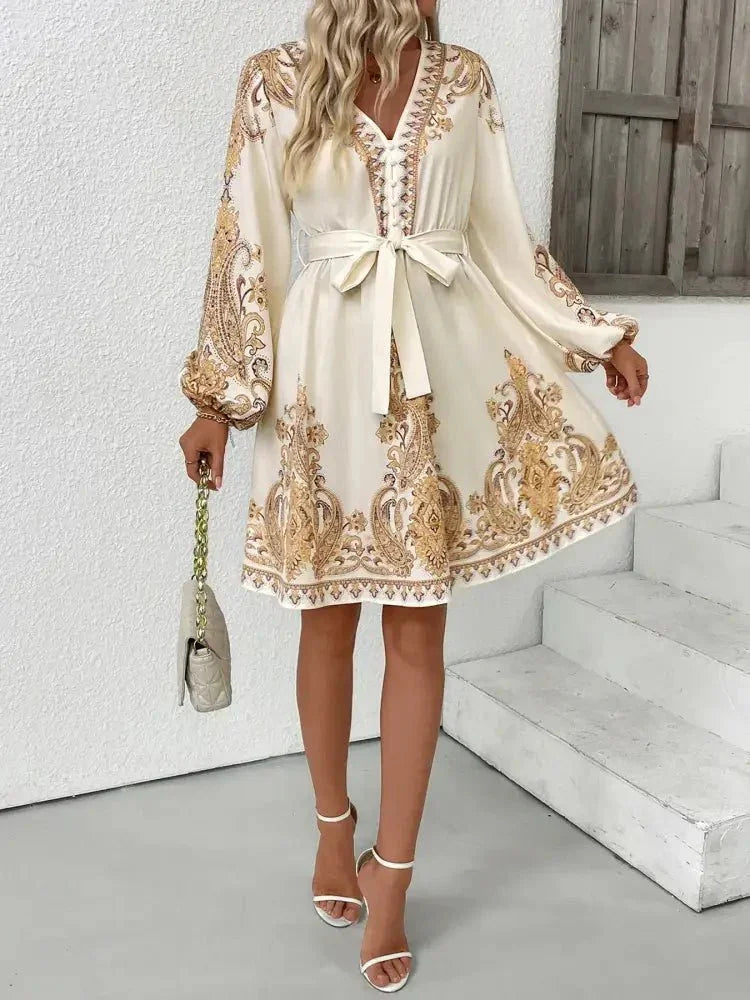 Printed Tie Waist Long Sleeve Dress - Update AvenueCasual DressesTrendsi100100260361446100100260361446Printed Tie Waist Long Sleeve DressBeige