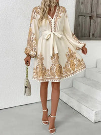 Printed Tie Waist Long Sleeve Dress - Update AvenueCasual DressesTrendsi100100260361446100100260361446Printed Tie Waist Long Sleeve DressBeige