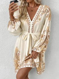 Printed Tie Waist Long Sleeve Dress - Update AvenueCasual DressesTrendsi100100260361446100100260361446Printed Tie Waist Long Sleeve DressBeige