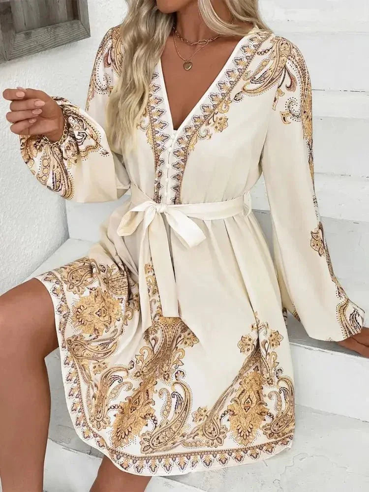 Printed Tie Waist Long Sleeve Dress - Update AvenueCasual DressesTrendsi100100260361446100100260361446Printed Tie Waist Long Sleeve DressBeige