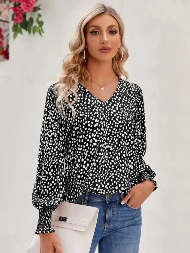 Printed V - Neck Lantern Sleeve Blouse - Update AvenueTrendsi10010069667657810010069667657824a18f0fc0354d97b1f507b5ffc9883d - MaxBlack