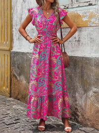 Printed V-Neck Ruffled Cap Sleeve Maxi Dress