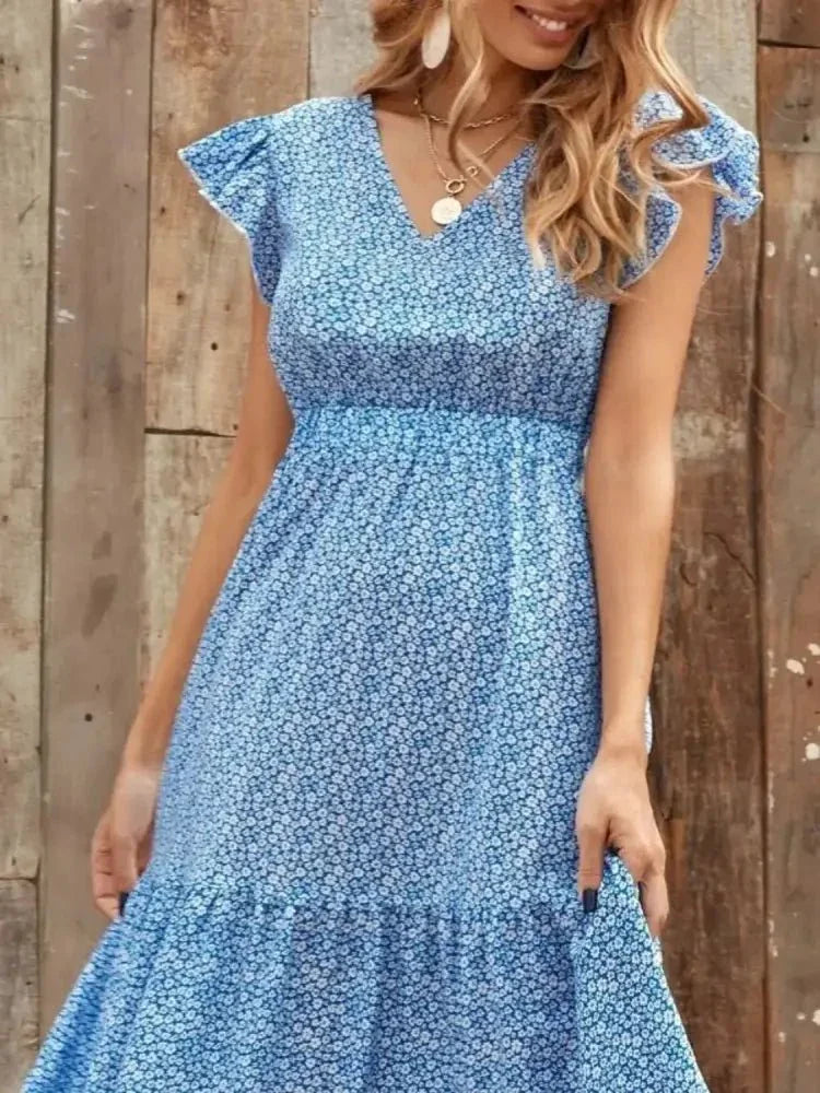 Printed V - Neck Ruffled Cap Sleeve Maxi Dress - Update AvenueEffortless Elegance: DressesTrendsi100100167925485100100167925485e5d60df6 - 78df - 4668 - a108 - 007b31dd509c - Max - OriginSky Blue