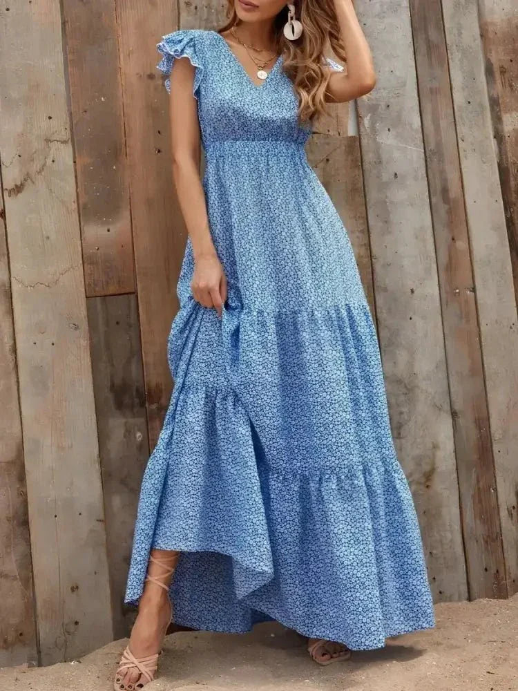 Printed V - Neck Ruffled Cap Sleeve Maxi Dress - Update AvenueEffortless Elegance: DressesTrendsi100100167925485100100167925485ae20d0f7 - 5d8f - 4148 - 8204 - c62773d29cb2 - Max - OriginSky Blue