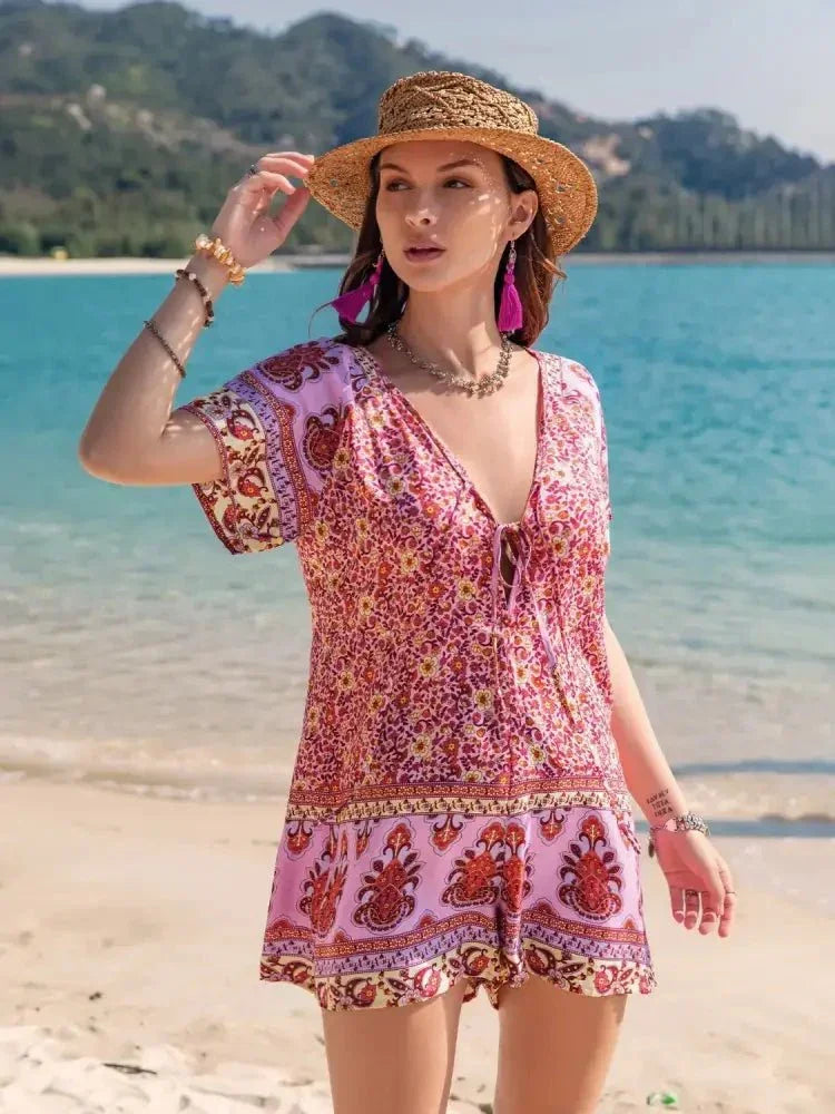 Printed V - Neck Short Sleeve Romper - Update AvenueBoho VibesTrendsi1001009898614671001009898614677707840a - 7109 - 4206 - a323 - 9a49dcc5bd67 - Max - OriginDeep Rose
