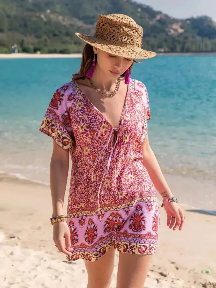 Printed V - Neck Short Sleeve Romper - Update AvenueBoho VibesTrendsi100100989861467100100989861467563e7634 - 220c - 47f4 - a33a - acc959ca28cc - Max - OriginDeep Rose